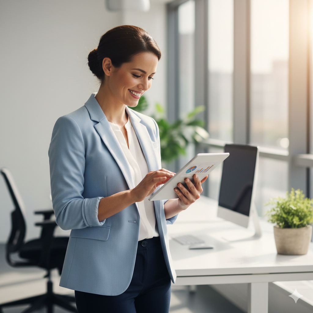 Ingénieure souriante analysant des données sur tablette
